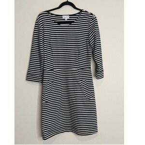 Veronica M Navy Blue White Striped 3/4 Sleeve Pocket Knit Dress Large